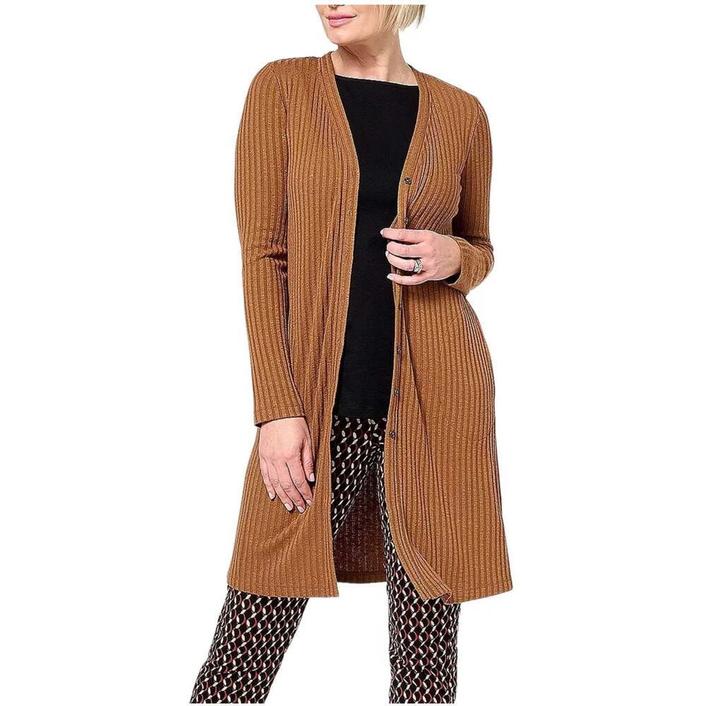 Susan Graver Sweater Rib Knit Button-Front Duster Cardigan Toffee womens size 1x
